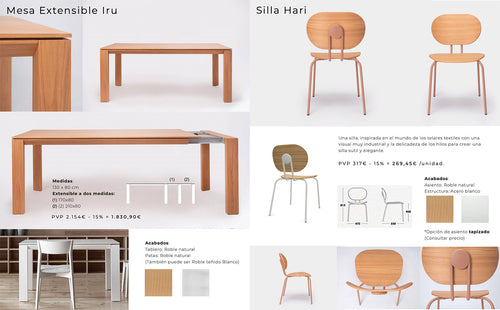 Conjunto de comedor extensible y sillas Hari de diseño industrial y elegante en roble natural y acero.
